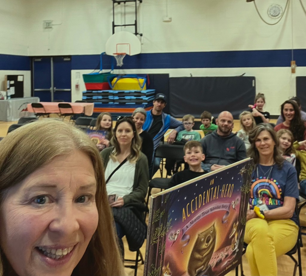 Family Literacy night 2/29/2024 sharing An Accidental Hero: A Mostly True Wombat Story with JeffCo Schools