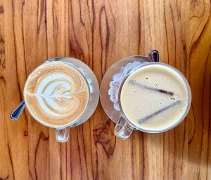 Latte and spiced hot cider