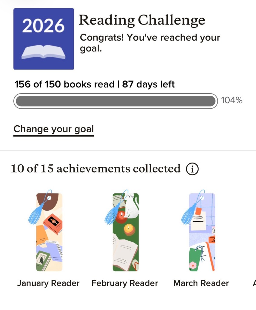 Goodreads Goal information 2026 
Read 156 of 150 books 